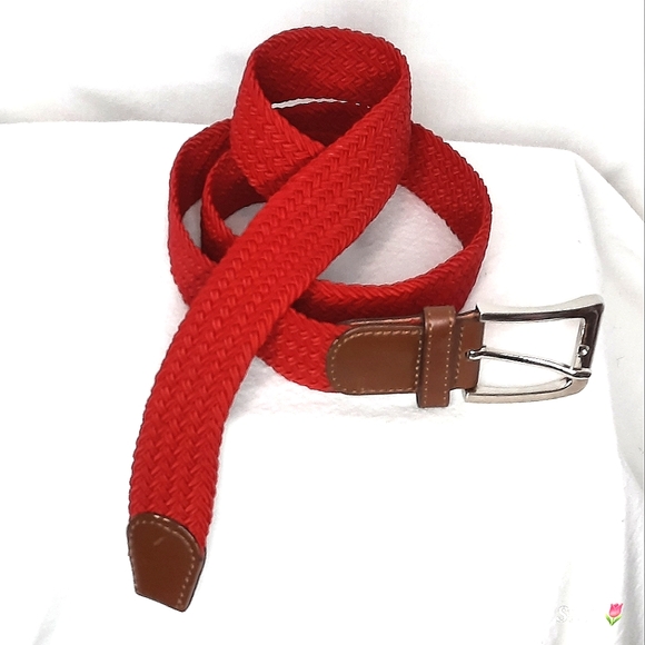 Red Woven Belt, Leather, Metal Buckle - Picture 1 of 6